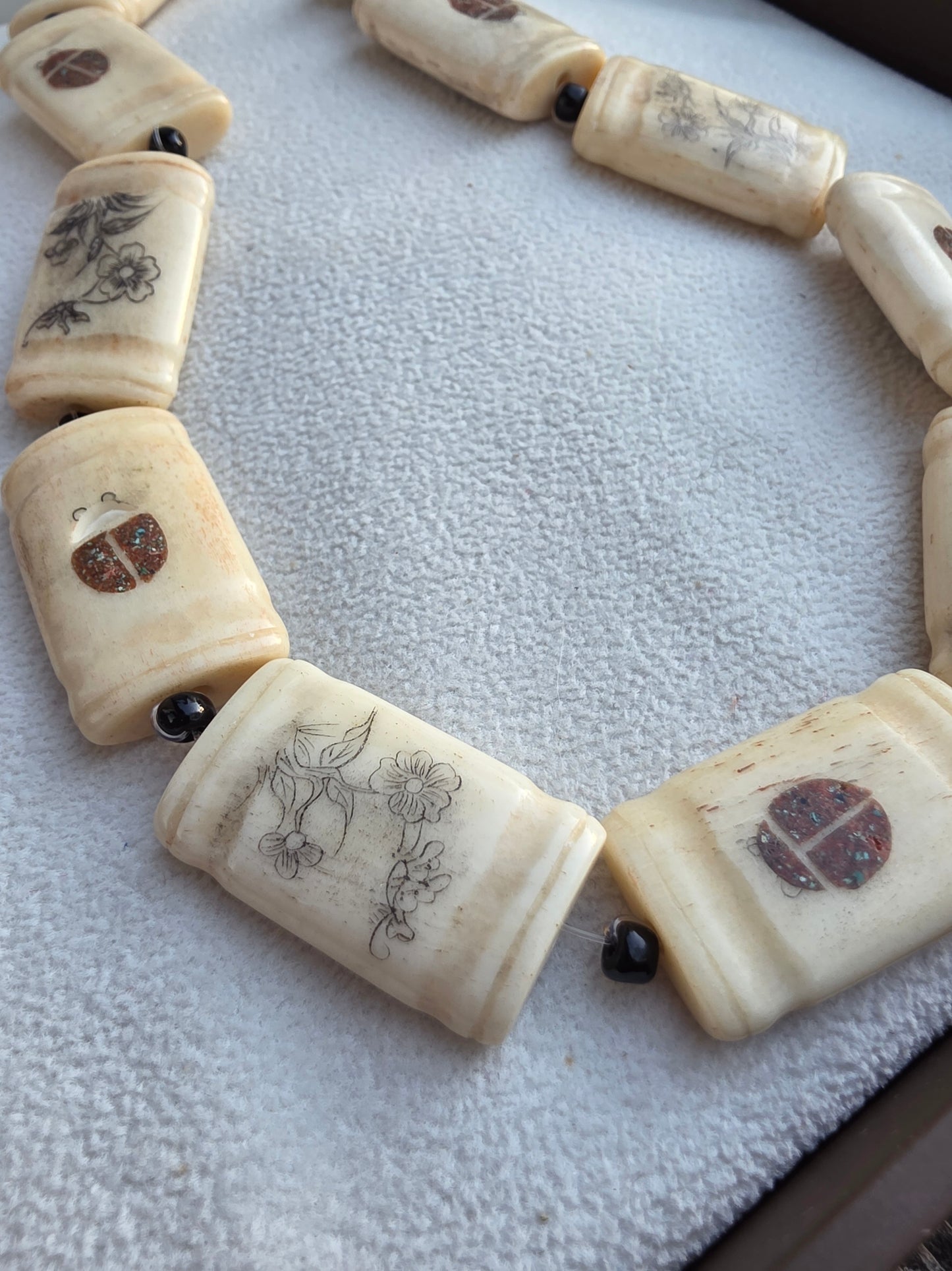 Rectangular Double Sided Flower and Ladybug Bead Natural Bone Focal Bead Large (1 bead)