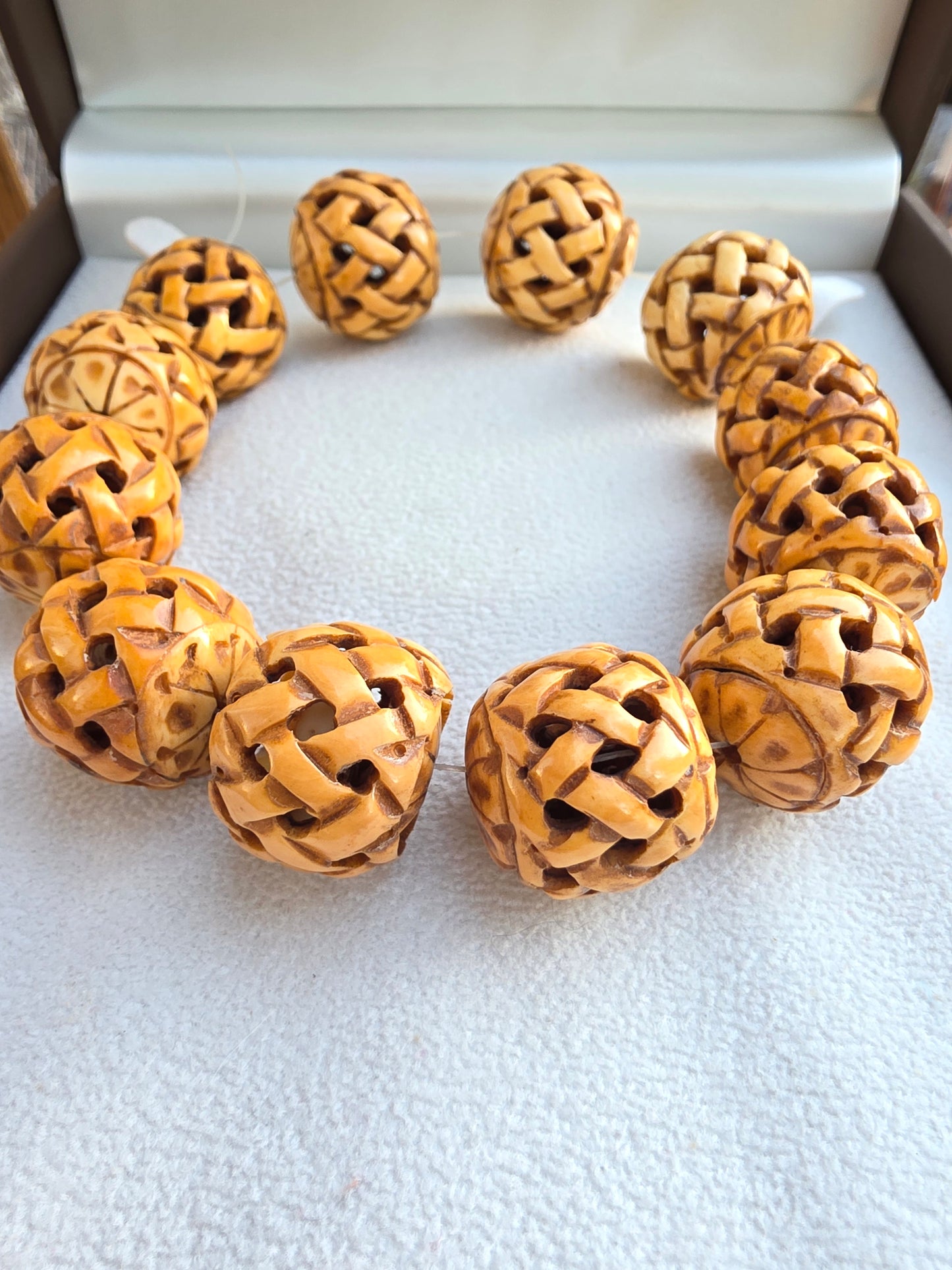 Carved Bone Bead - Large Basket Weave/Lattice Style Natural Bone Focal Bead Large