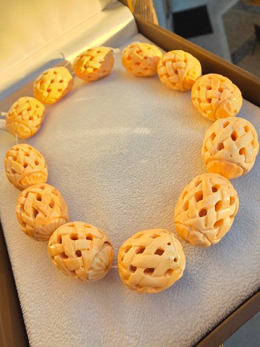 Carved Bone Bead - Large Basket Weave/Lattice Style Natural Bone Focal Bead Large
