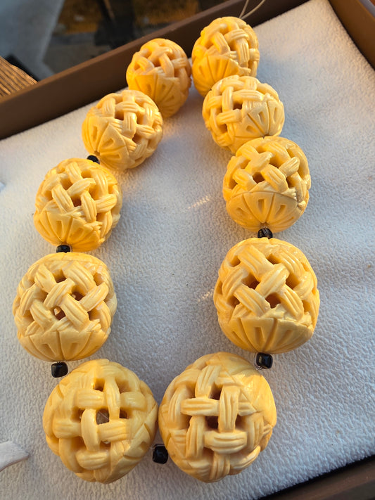 Carved Bone Bead - Large Basket Weave/Lattice Style Natural Bone Focal Bead Large