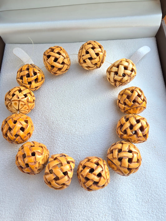 Carved Bone Bead - Large Basket Weave/Lattice Style Natural Bone Focal Bead Large
