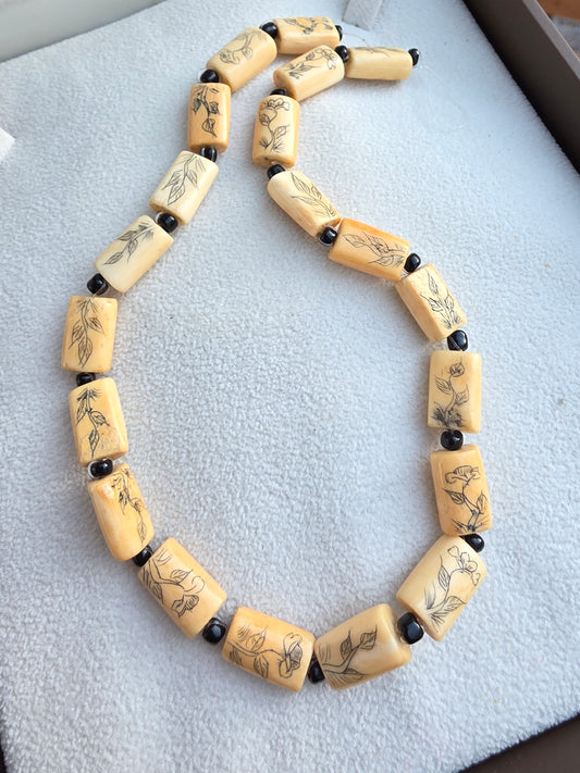Rectangular Double Sided Flower and Leaves Bead Natural Bone 15mmx10mm (3 beads)