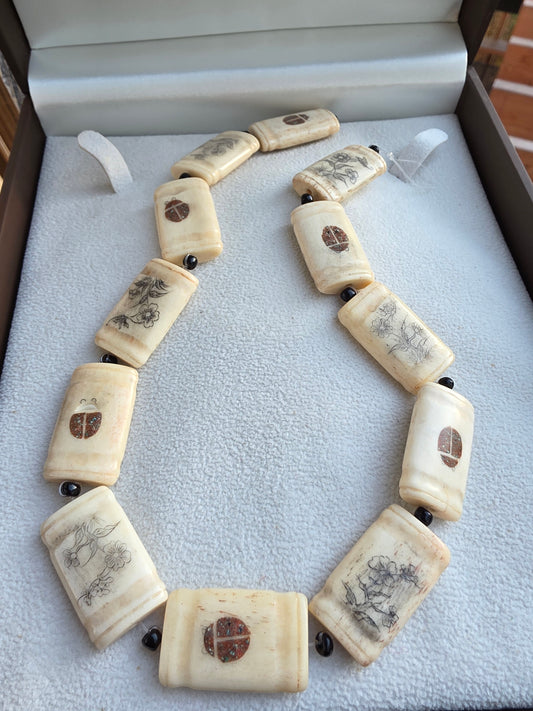 Rectangular Double Sided Flower and Ladybug Bead Natural Bone Focal Bead Large (1 bead)